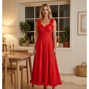 Vintage 50s Rogers Gown Sheer Lace Red Nylon Frill Ruffle Size 32 Free Shipping